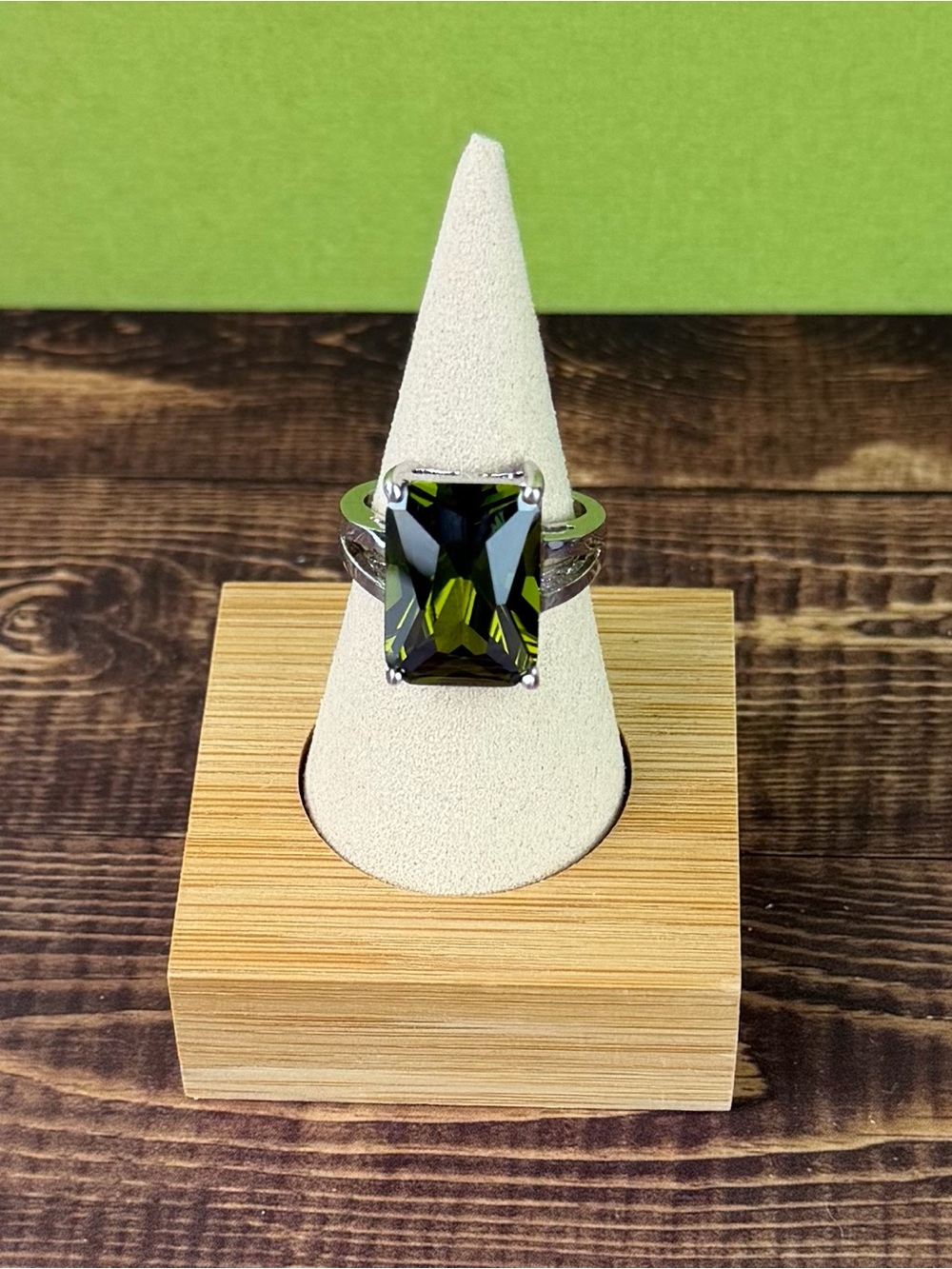 Large Emerald Cut Olive Green Glass Statement Ring - Size 9